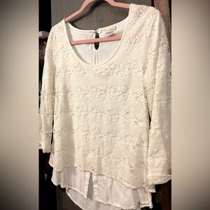 Daytrip Lace Overlay Top, medium, Back keyhole uneven hem top